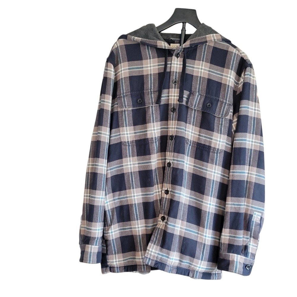 LL‎ Bean Mens Fleece Lined Hooded Flannel Shirt Jacket Blue Plaid Medium 298193